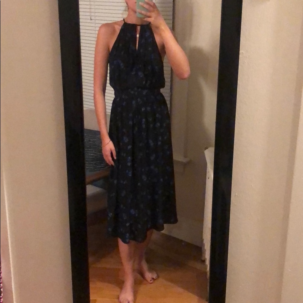 Blue & Black Floral Silk Midi Dress